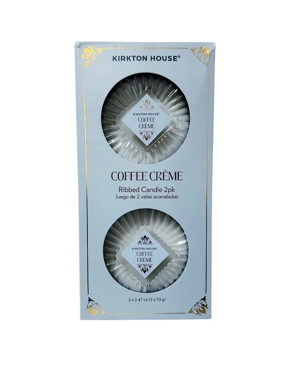 ALDI Kirkton House Ribbed Blue Glass Candle 2 Pack Coffee Creme Scent 2.47oz New